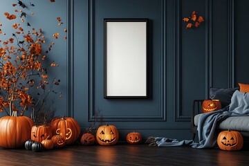 Celebrate autumn festivities with glowing Jack-o'-lanterns, pumpkins, and seasonal decor displayed in a stylish living room setting