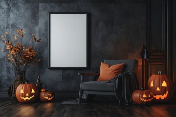 Moody Halloween display features glowing pumpkins and a blank picture frame ready for festive autumn designs.