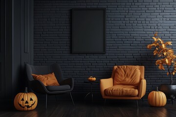 Spooky season setting showcases cozy chairs, glowing pumpkins and a modern blank picture frame against a dark brick wall.