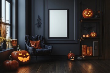 Spooky Halloween setup with carved pumpkins glowing in a dark interior living room with furniture and blank framed poster.