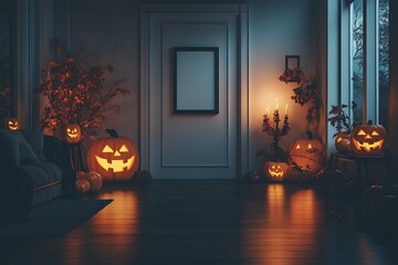 Glowing pumpkins create a festive Halloween atmosphere in a stylish interior setting with warm candlelight adding to the spooky season decor.