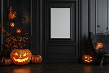 Festive Halloween scene features glowing jack o lanterns and spooky decor against a dark, stylish interior backdrop.
