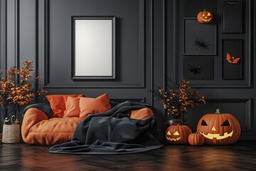 Moody Halloween atmosphere with glowing jack-o'-lanterns and orange accents on a comfy sofa, creating a spooky yet cozy scene.