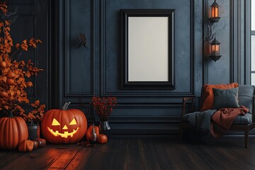 Ornate Halloween setting features jack-o'-lantern, lanterns, and elegant black wall paneling, creating a spooky, vintage ambiance.