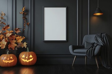 Dark moody Halloween decor featuring glowing jack-o'-lantern pumpkins and autumn leaves near a blank frame for personalized art.