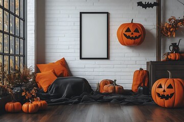 Spooky Halloween display featuring festive jack o' lanterns, pumpkins, pillows, and a blank frame on a brick wall