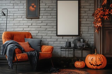 Elegant autumn living room setting with Halloween pumpkins and an inviting armchair provides a cozy ambiance.
