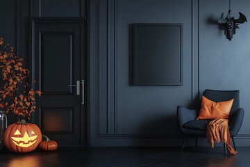 Decorated living space with Halloween decorations of pumpkins and an ornate skull creating an atmospheric interior