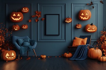 Spooky yet stylish Halloween interior featuring glowing jack-o'-lantern pumpkins and moody blue walls with autumn leaves.