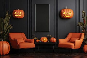 Celebrate Halloween with festive pumpkins and cozy chairs in a modern living room setting creating a warm and inviting spooky atmosphere.