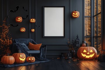 Glowing pumpkins and black bats adorn a dark-toned room for a spooky Halloween celebration with a blank frame ready for your text.