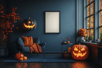 Decorated living room with glowing Halloween pumpkins adds to a festive autumn atmosphere and spooky vibe.