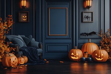 Elegant Halloween decor features glowing pumpkins, autumnal leaves, and dark blues creating a festive atmosphere in the room.