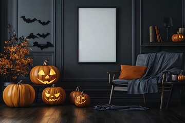 Spooky season door decoration with carved pumpkins, leaves, and plants create a happy Halloween mood at home.