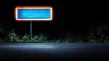 Glowing neon signage with blank blue display above quiet dark city road, surrounded by trees and bushes, creating mysterious and serene nighttime atmosphere