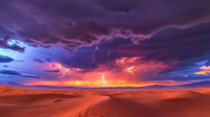 Dramatic electric storm illuminates vibrant desert dunes under colorful sky, with lightning bolts striking against backdrop of intense clouds and glowing horizon