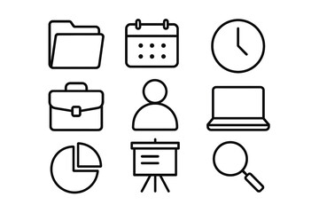 Organized Workflow Icons: A minimalist collection of essential business and productivity icons, each meticulously designed to represent key aspects of workflow, from files to meetings.