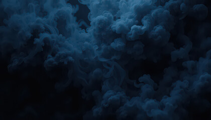 A dramatic view of dark blue smoky clouds filling the frame against a black background at night time