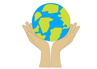 A clear and impactful illustration depicting two hands gently cupping and holding the Earth. The globe shows simplified blue oceans and green landmasses, resting securely within the palms