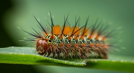 Naklejka premium Hairy Caterpillar on Leaf: Close-Up Wildlife Portrait