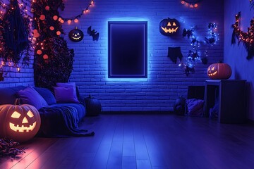 Spooky Halloween scene features jack-o'-lanterns, bats, and festive decor against a brick wall in a blue-lit room creating a holiday mood.