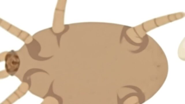 An animated illustration of a dust mite crawling, shown from a magnified, microscopic perspective