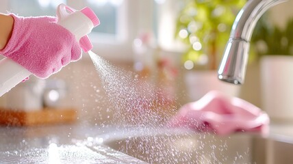 Cheerful woman in pink gloves cleaning glossy backsplash with cleaner under bright kitchen light. Clean and bright kitchen background