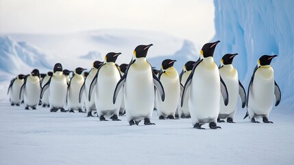 Obraz premium A colony of emperor penguins waddling across a snowy Antarctic plain