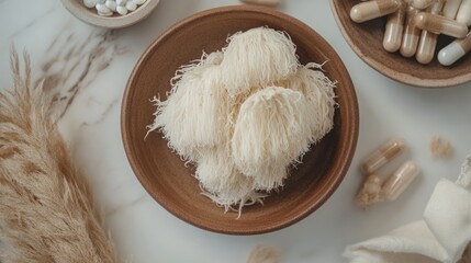 Dried medicinal mushroom in wooden bowl surrounded by supplements and natural elements.