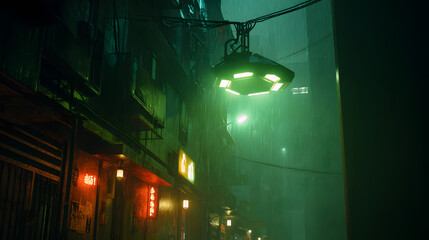Neon lights illuminate a rain-slicked street in a futuristic urban scene, inviting viewers into a world of cyberpunk aesthetics.
