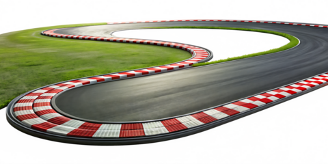 A curving asphalt race track with red and white checkered barriers and green grass isolated on a transparent background