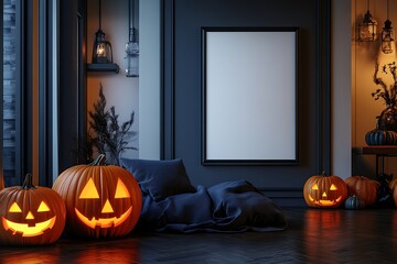 Obraz premium Elegant Halloween interior showcases glowing pumpkins, dark walls, and fall foliage for an autumnal atmosphere.
