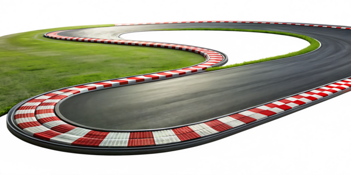 A curving asphalt race track with red and white checkered barriers and green grass isolated on a transparent background