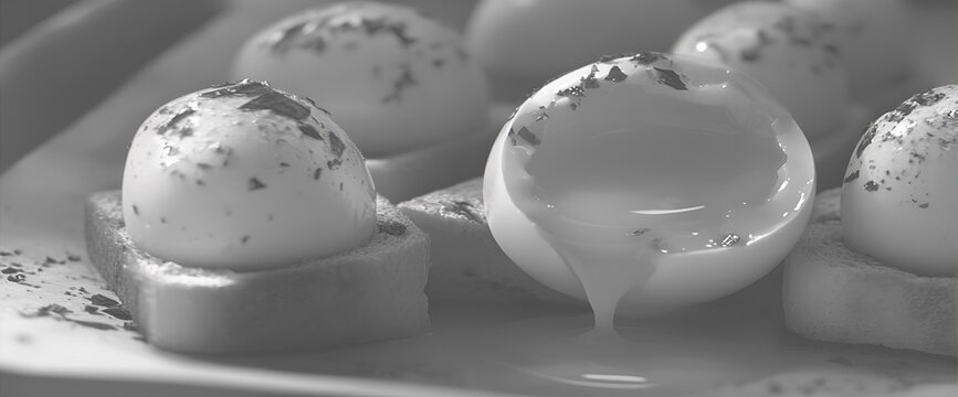 A close up of several poached eggs on toast with one egg leaking sauce in grayscale image
