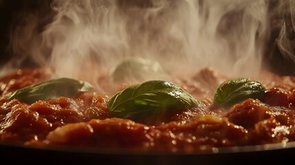Close up of simmering tomato sauce with basil leaves and steam rising from the pan surface