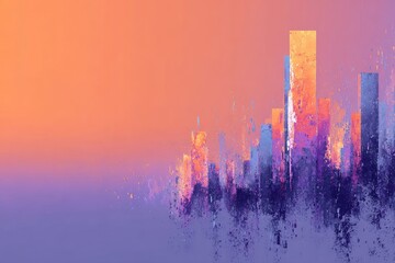 Abstract cityscape at sunset, painted in vibrant orange, purple, and blue hues with a textured, almost splatter-paint effect
