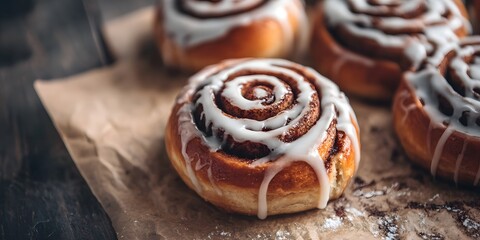 Fototapeta premium A close up of several cinnamon rolls with white icing on parchment paper on a dark surface