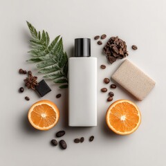 White bottle surrounded by coffee beans, cocoa nibs, orange slices, soap, fern, and star anise on a white background