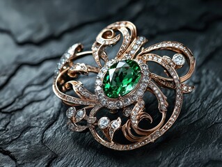 Jewelry with gemstones modern brooch with Emeraldine on a dark gray background