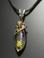 Jewelry with gemstones modern pendant with Flash Opal on a dark gray background.
