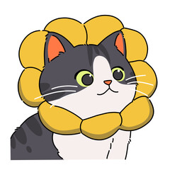 Cute cartoon tuxedo cat wearing yellow flower collar vector illustration 