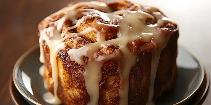 A close up shot of a cinnamon roll with glaze on a plate sitting on a dark surface in a studio shot - Powered by Adobe