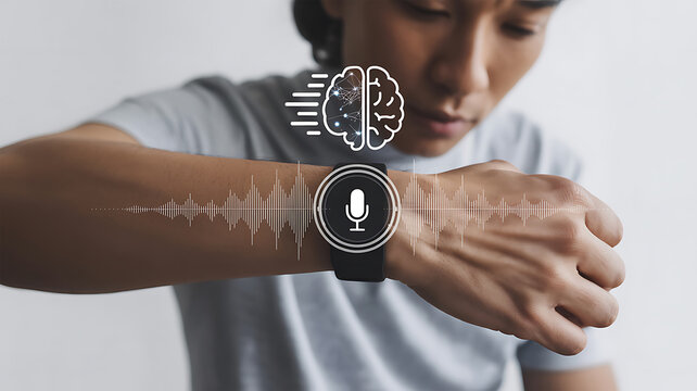 Person interacting with smartwatch displaying brain and sound wave graphics representing ai and voice command technology - Powered by Adobe