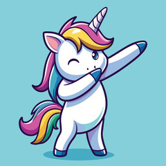 Whimsical unicorn dabbing with rainbow mane horn