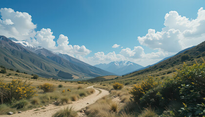 Winding dirt road through a valley with mountains and blue sky with white clouds in the background
