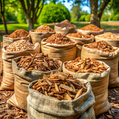 Fototapeta premium landscaped oak bark in bags for sale outdoors