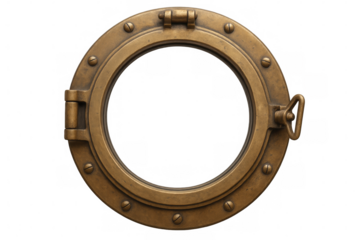 Aged brass porthole with transparent overlay, highlighting maritime aesthetic for creative nautical graphic applications