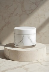 White Marble Cosmetic Jar Mockup on Beige Textured Podium