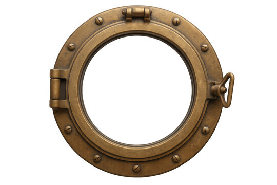Aged brass porthole with transparent overlay, highlighting maritime aesthetic for creative nautical graphic applications