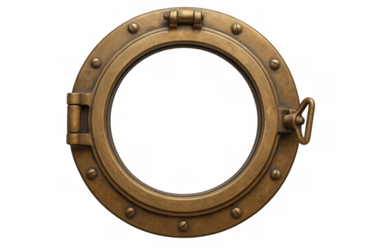 Aged brass porthole with transparent overlay, highlighting maritime aesthetic for creative nautical graphic applications